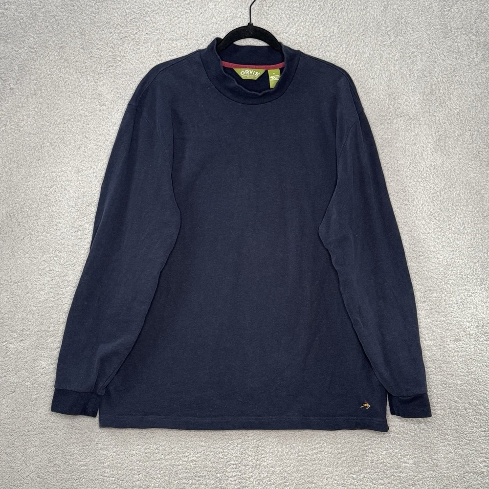 Orvis Mens Navy Blue Mock Neck Long Sleeve Elbow Patch Cotton Shirt XL 4Y8T